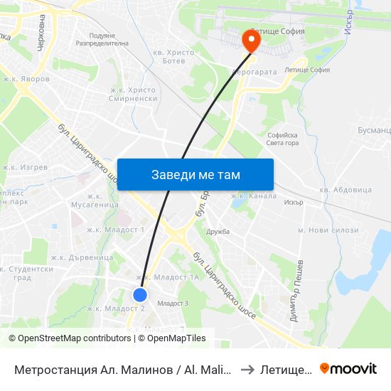 Метростанция Ал. Малинов / Al. Malinov Metro Station (0169) to Летище София map