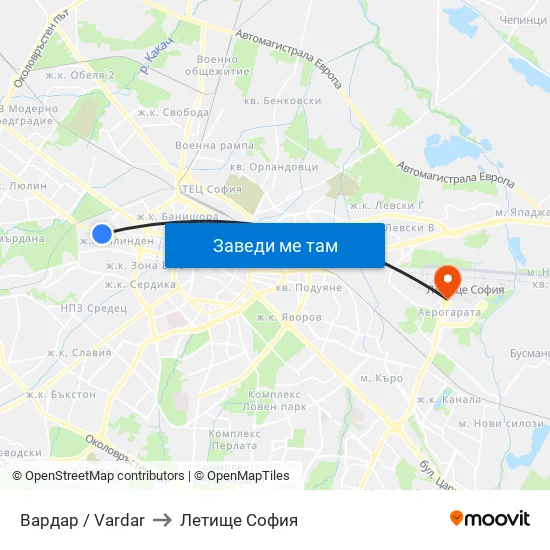 Вардар / Vardar to Летище София map