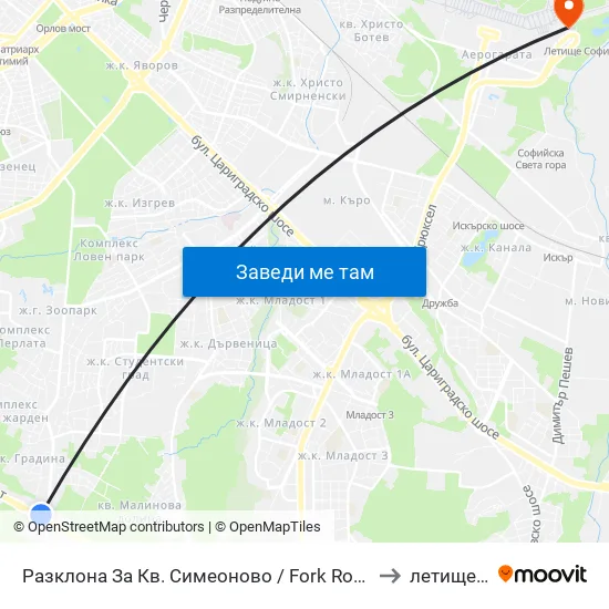 Разклона За Кв. Симеоново / Fork Road To Simeonovo Qr. (1458) to летище София map