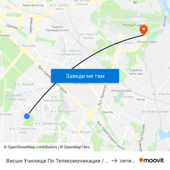 Висше Училище По Телекомуникации / University Of Telecommunications And Post (1397) to летище София map