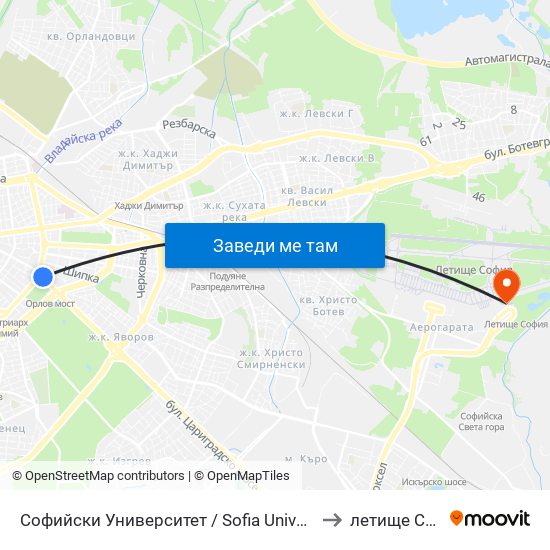 Софийски Университет / Sofia University (1700) to летище София map