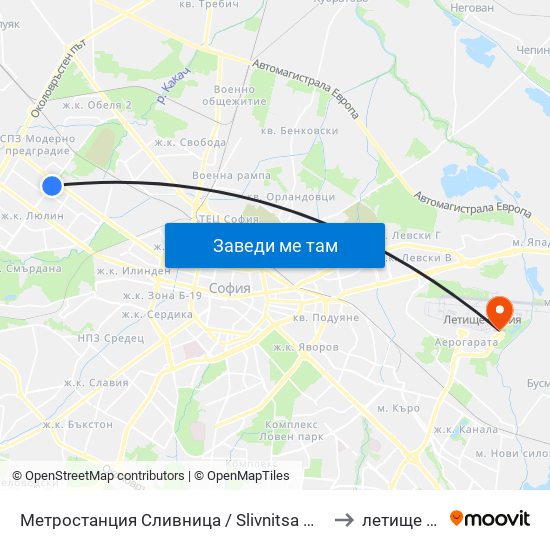 Метростанция Сливница / Slivnitsa Metro Station (1063) to летище София map