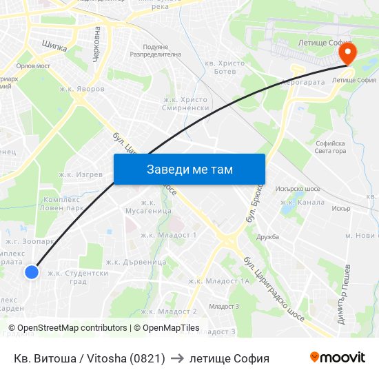 Кв. Витоша / Vitosha (0821) to летище София map