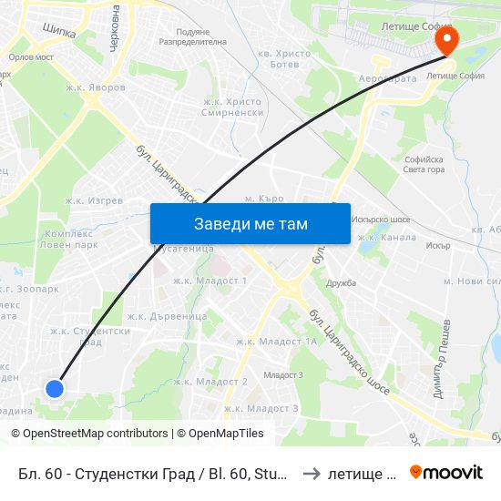 Бл. 60 - Студенстки Град / Bl. 60, Students' Town (2507) to летище София map