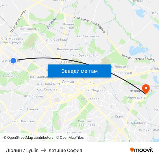 Люлин / Lyulin to летище София map