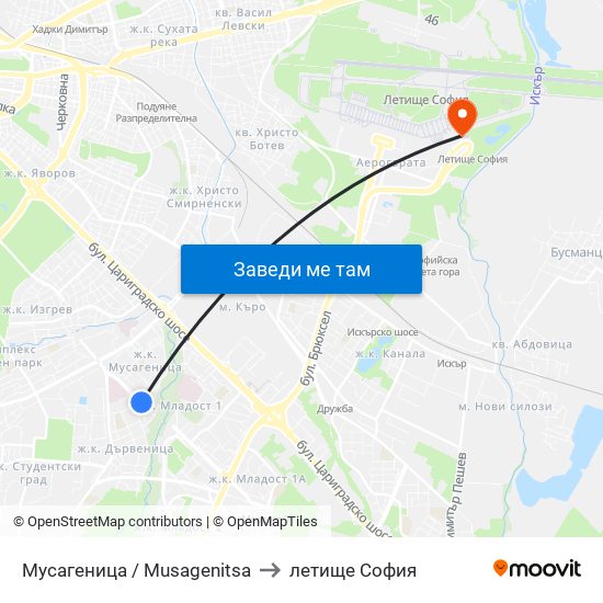 Мусагеница /  Musagenitsa to летище София map