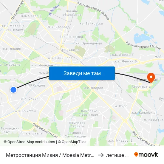 Ⓜ️ Метростанция Мизия / Moesia Metro Station (6089) to летище София map