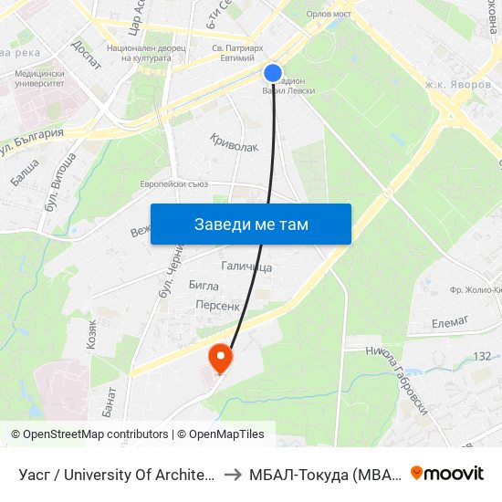 Уасг / University Of Architecture (0386) to МБАЛ-Токуда (MBAL-Tokuda) map