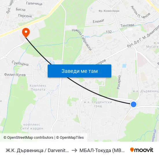 Ж.К. Дървеница / Darvenitsa Qr. (1012) to МБАЛ-Токуда (MBAL-Tokuda) map