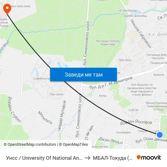 🎓 Унсс / University Of National And World Economy (1691) to МБАЛ-Токуда (MBAL-Tokuda) map