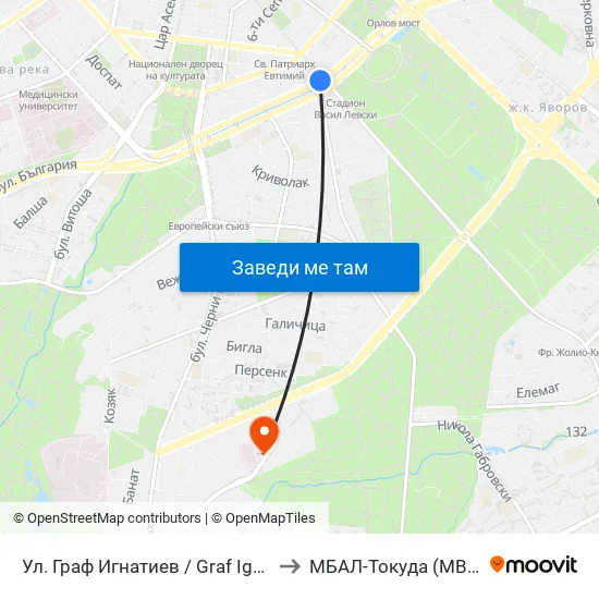 Ⓜ️🎓 Ул. Граф Игнатиев / Graf Ignatiev St. (1914) to МБАЛ-Токуда (MBAL-Tokuda) map