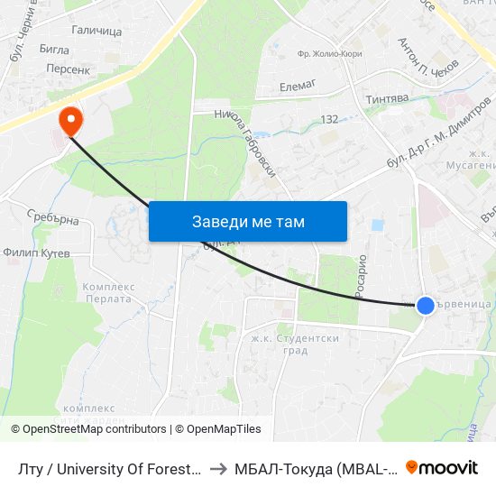 Лту / University Of Forestry (0617) to МБАЛ-Токуда (MBAL-Tokuda) map