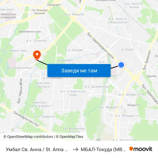 Умбал Св. Анна / St. Anna Hospital (1194) to МБАЛ-Токуда (MBAL-Tokuda) map