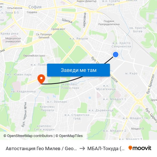 Автостанция Гео Милев / Geo Milev Bus Station (0052) to МБАЛ-Токуда (MBAL-Tokuda) map