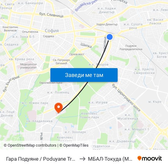 Гара Подуяне / Poduyane Train Station (0468) to МБАЛ-Токуда (MBAL-Tokuda) map