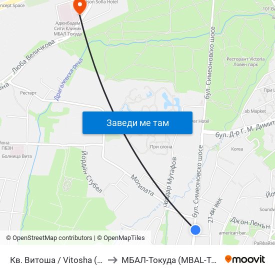 Кв. Витоша / Vitosha (0821) to МБАЛ-Токуда (MBAL-Tokuda) map