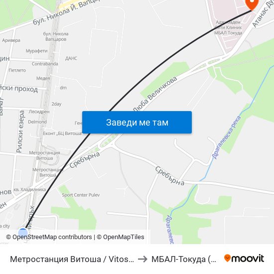 Метростанция Витоша / Vitosha Metro Station (2756) to МБАЛ-Токуда (MBAL-Tokuda) map