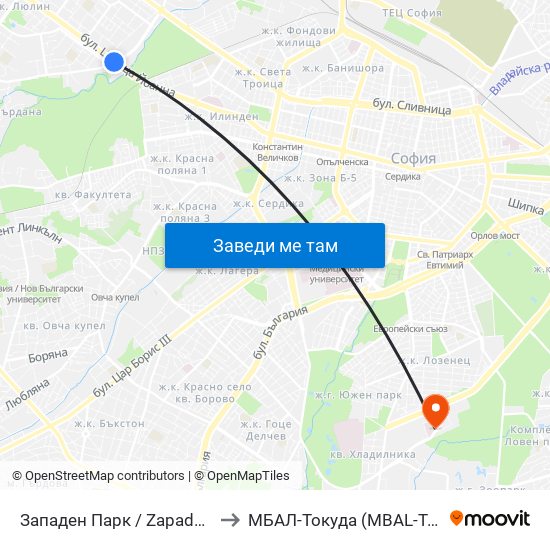 Западен Парк / Zapaden Park to МБАЛ-Токуда (MBAL-Tokuda) map