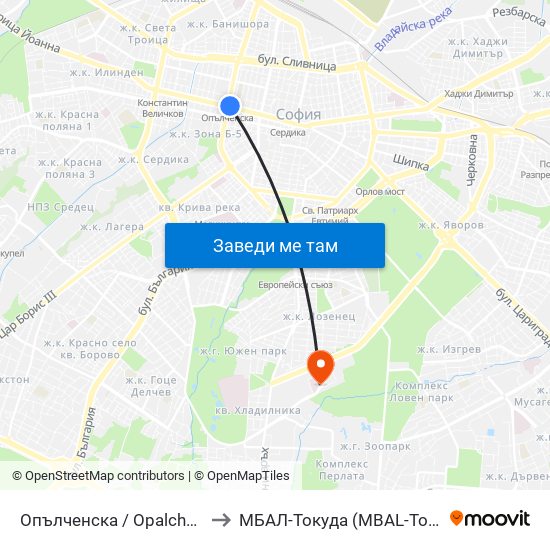 Опълченска / Opalchenska to МБАЛ-Токуда (MBAL-Tokuda) map