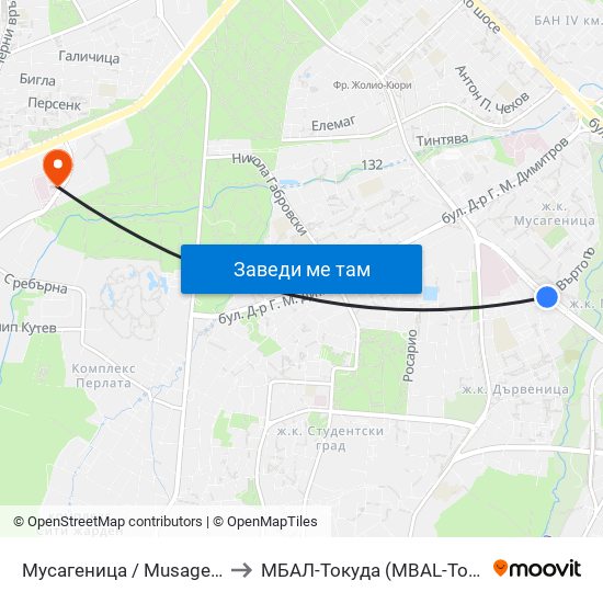 Мусагеница /  Musagenitsa to МБАЛ-Токуда (MBAL-Tokuda) map