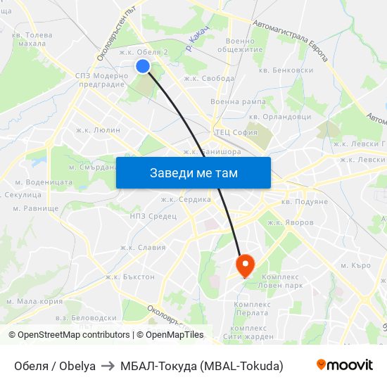 Обеля / Obelya to МБАЛ-Токуда (MBAL-Tokuda) map