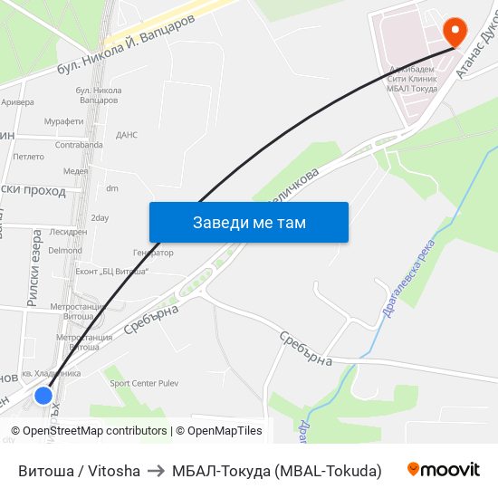 Витоша / Vitosha to МБАЛ-Токуда (MBAL-Tokuda) map