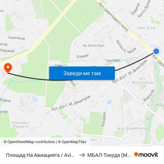 Площад На Авиацията / Aviation Square (1258) to МБАЛ-Токуда (MBAL-Tokuda) map