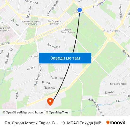 Пл. Орлов Мост / Eagles' Bridge Sq. (1289) to МБАЛ-Токуда (MBAL-Tokuda) map