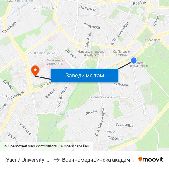 Уасг / University Of Architecture (0387) to Военномедицинска академия (Voennomeditsinska akademia) map