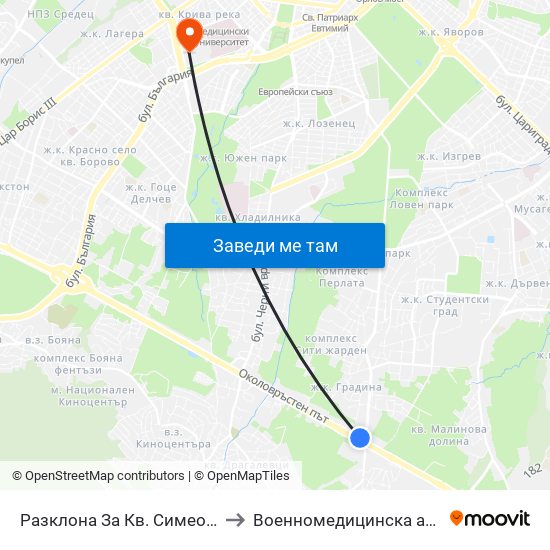 Разклона За Кв. Симеоново / Fork Road To Simeonovo Qr. (1458) to Военномедицинска академия (Voennomeditsinska akademia) map