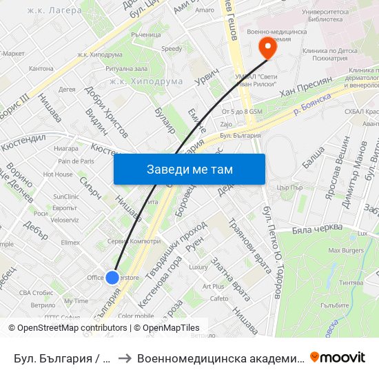 Бул. България / Bulgaria Blvd. (0290) to Военномедицинска академия (Voennomeditsinska akademia) map