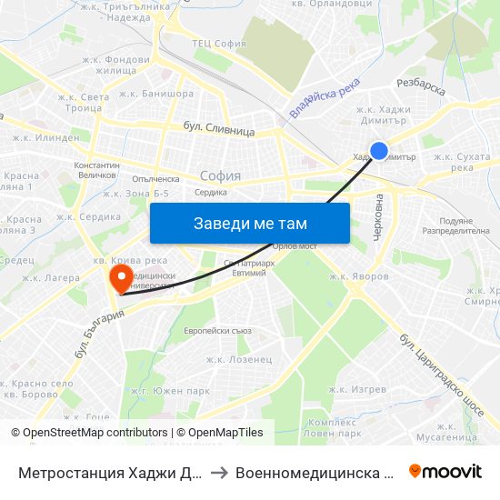 Метростанция Хаджи Димитър / Hadzhi Dimitar Metro Station (0303) to Военномедицинска академия (Voennomeditsinska akademia) map