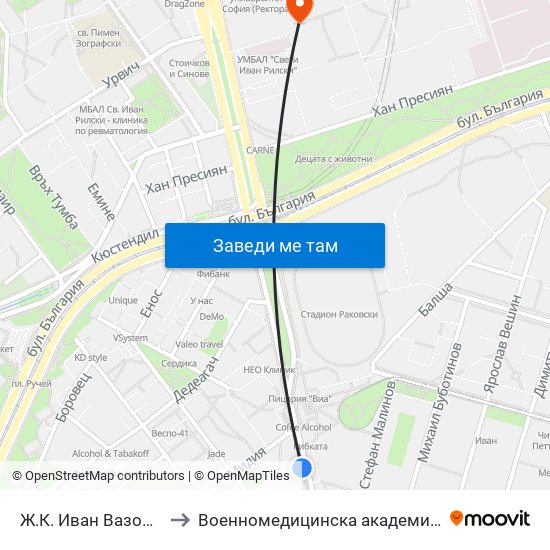 Ж.К. Иван Вазов / Ivan Vazov (0626) to Военномедицинска академия (Voennomeditsinska akademia) map