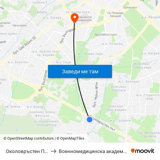 Околовръстен Път / Ring Road (1177) to Военномедицинска академия (Voennomeditsinska akademia) map