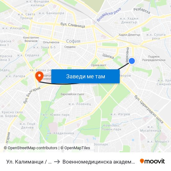 Ул. Калиманци / Kalimantsi St. (1972) to Военномедицинска академия (Voennomeditsinska akademia) map