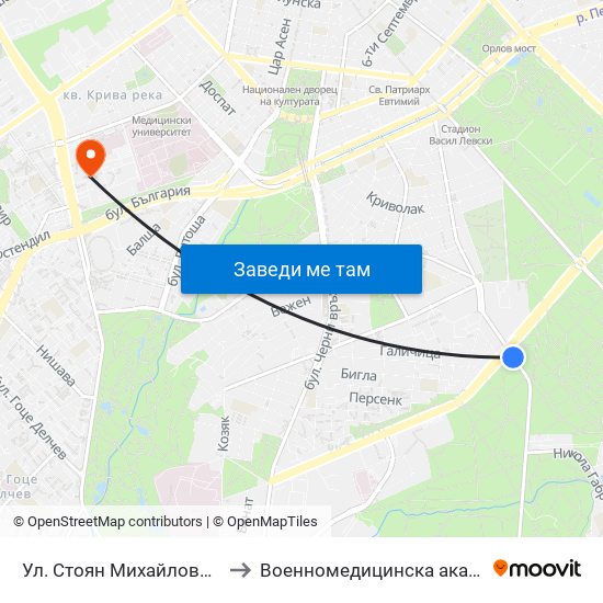 Ул. Стоян Михайловски / Stoyan Mihaylovski St. (2191) to Военномедицинска академия (Voennomeditsinska akademia) map