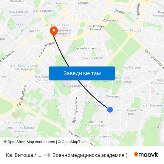 Кв. Витоша / Vitosha (0821) to Военномедицинска академия (Voennomeditsinska akademia) map