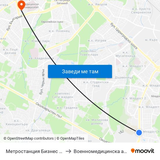 Метростанция Бизнес Парк / Business Park Metro Station (2490) to Военномедицинска академия (Voennomeditsinska akademia) map