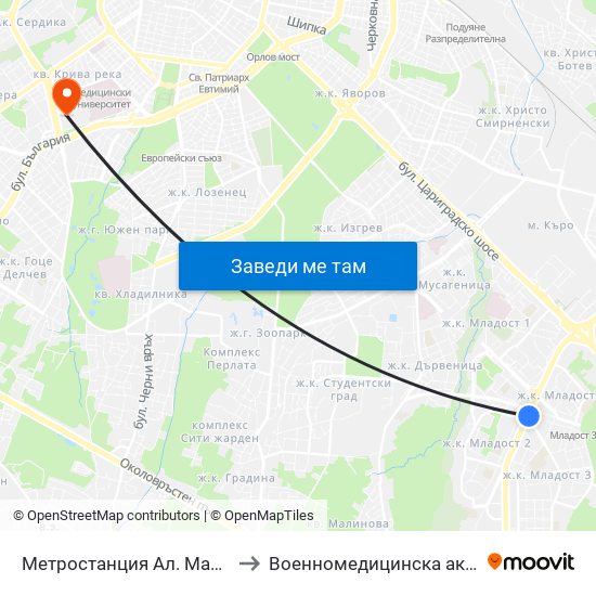 Метростанция Ал. Малинов / Al. Malinov Metro Station (0170) to Военномедицинска академия (Voennomeditsinska akademia) map