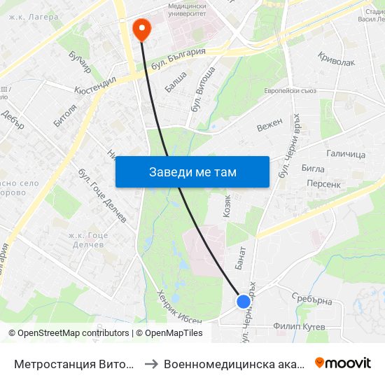 Метростанция Витоша / Vitosha Metro Station (2755) to Военномедицинска академия (Voennomeditsinska akademia) map