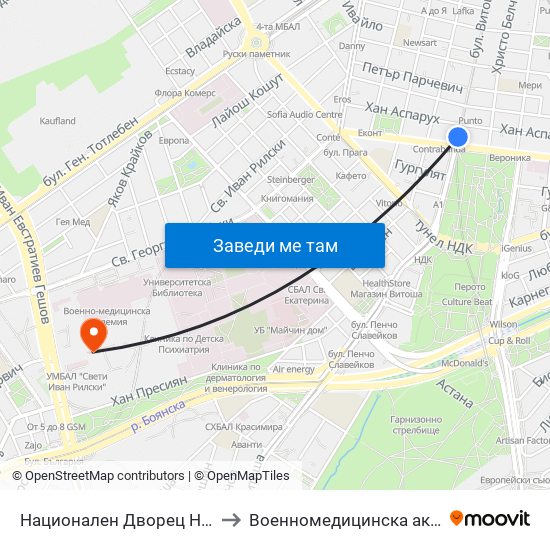 Национален Дворец На Културата / National Palace Of Culture to Военномедицинска академия (Voennomeditsinska akademia) map