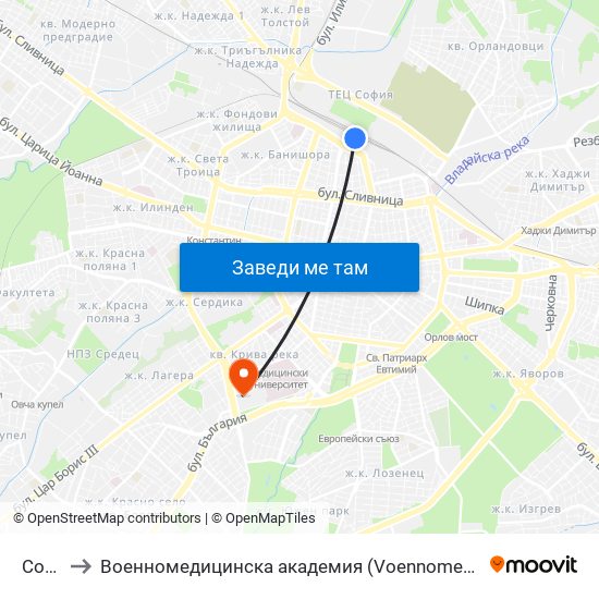 София to Военномедицинска академия (Voennomeditsinska akademia) map