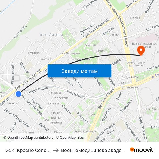 Ж.К. Красно Село / Krasno Selo Qr. (0637) to Военномедицинска академия (Voennomeditsinska akademia) map