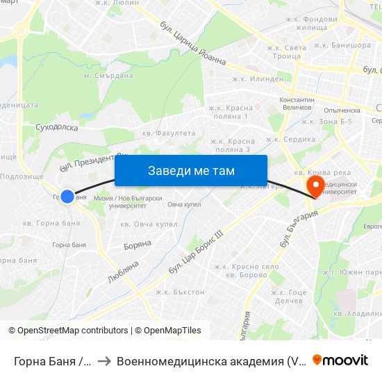 Горна Баня / Gorna Banya to Военномедицинска академия (Voennomeditsinska akademia) map