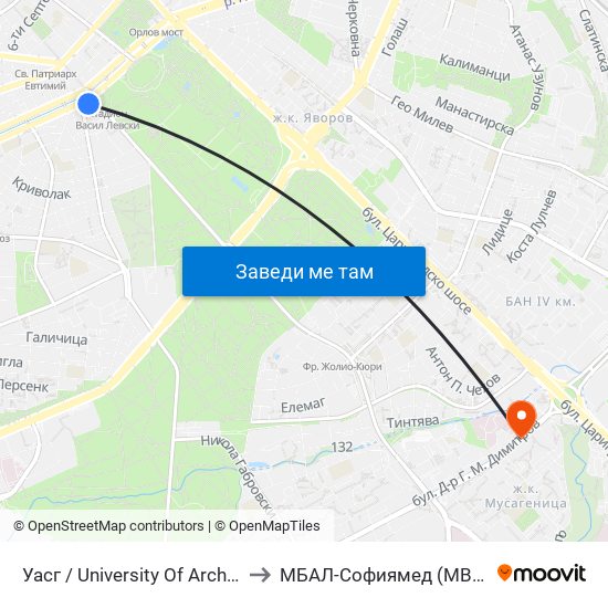 Уасг / University Of Architecture (0386) to МБАЛ-Софиямед (MBAL-Sofiyamed) map