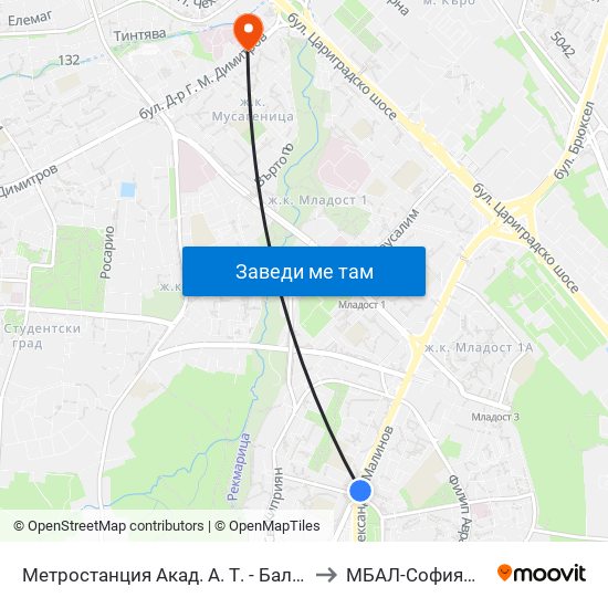 Метростанция Акад. А. Т. - Балан / Acad. A. T.-Balan Metro Station (1917) to МБАЛ-Софиямед (MBAL-Sofiyamed) map