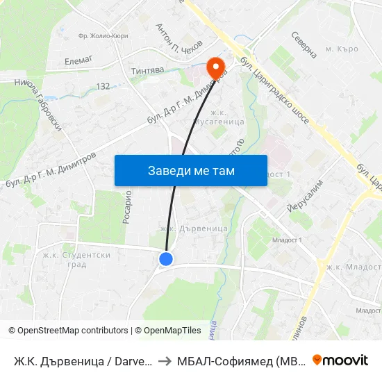 Ж.К. Дървеница / Darvenitsa Qr. (1015) to МБАЛ-Софиямед (MBAL-Sofiyamed) map