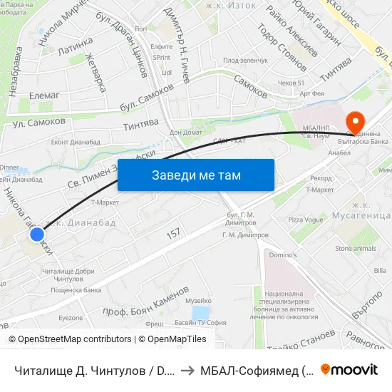 📚 Читалище Д. Чинтулов / D. Chintulov Library (2365) to МБАЛ-Софиямед (MBAL-Sofiyamed) map