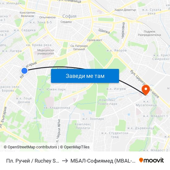 Пл. Ручей / Ruchey Sq. (1306) to МБАЛ-Софиямед (MBAL-Sofiyamed) map