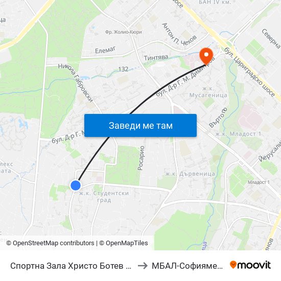 Спортна Зала Христо Ботев / Hristo Botev Sports Hall (1611) to МБАЛ-Софиямед (MBAL-Sofiyamed) map